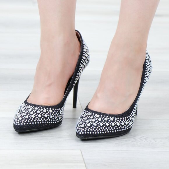 Sparkly Diamond Rhinestone Glitter  Black Pointy Toe Needle High Heel Stiletto - Picture 15 of 15